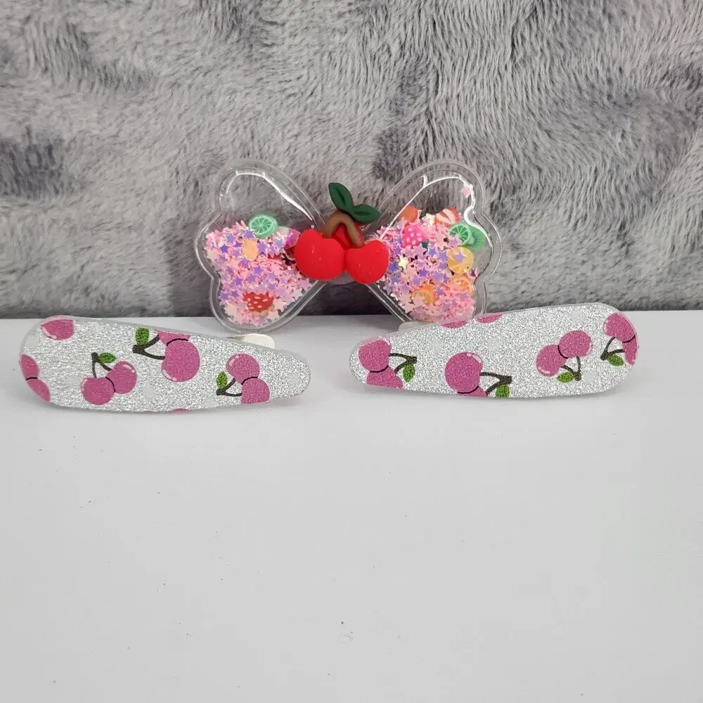 3 pc Cherry Theme Hair Accessories Glittery Bow with Cherry Charm & Snap Clips